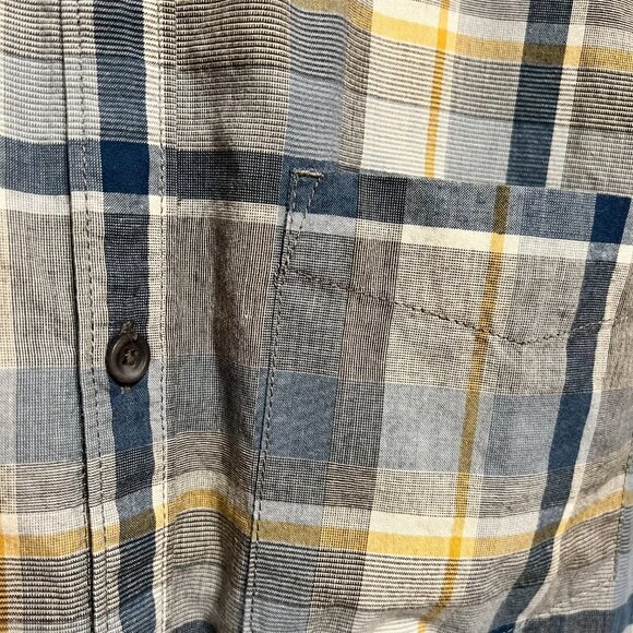 prAna Button Up Short Sleeve Blue Grey Yellow Cream Men's Size M - Picture 3 of 14